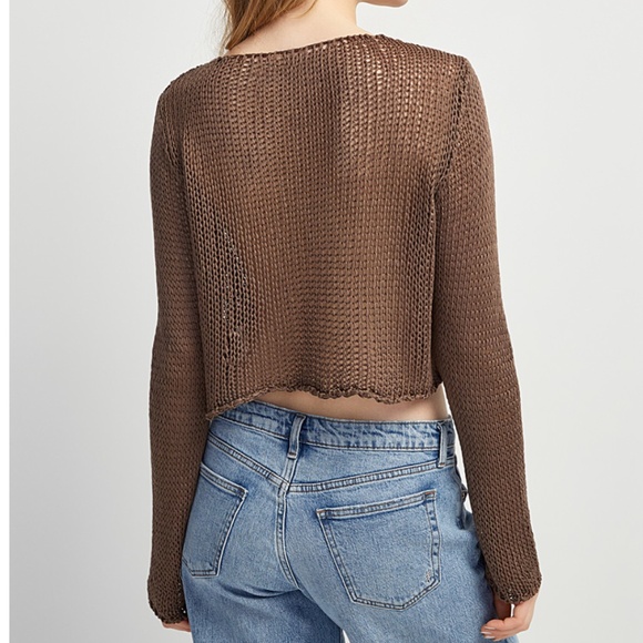 Brown ribbon mesh weave cropped sweater made in Italy NWT - Picture 2 of 7